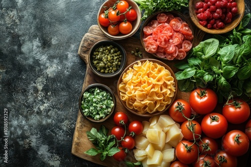 Fresh ingredients arranged on a wooden board for preparing a healthy Italian pasta dish