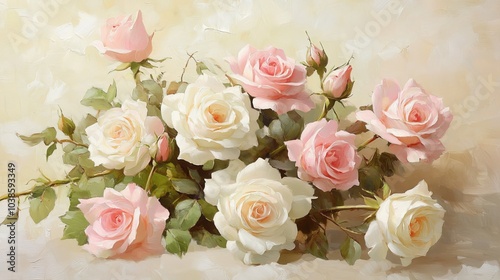 Soft Pink Roses Vintage Flower Bouquet Painting for Elegant Home Decor