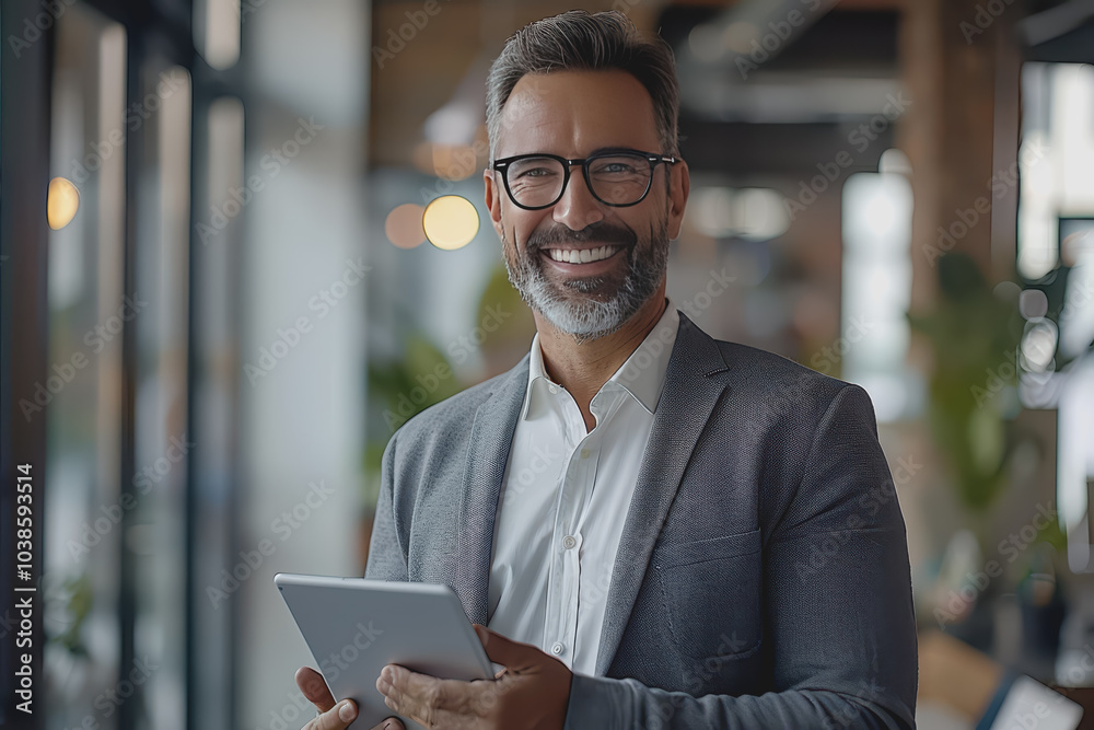 Happy businessman smiling with tablet, phone, and laptop inside the modern office. Happy businessman smiling with tablet, phone, and laptop inside the modern office.