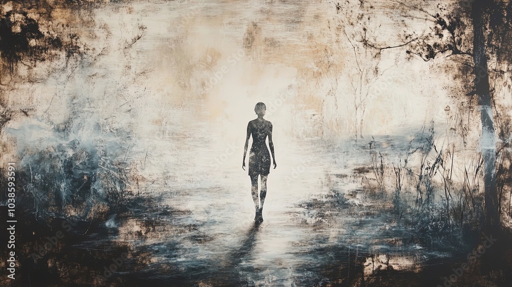 The image features a solitary figure walking away from the viewer, set against a misty background that blends soft hues of beige, blue, and black. The figure, depicted in a dark silhouette, appears to The image features a solitary figure walking away from the viewer, set against a misty background that blends soft hues of beige, blue, and black. The figure, depicted in a dark silhouette, appears to