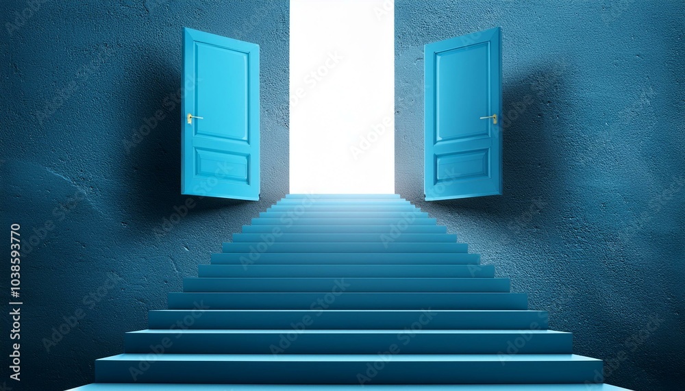 Abstract blue staircase with two open doors in concrete interior. Success, way and opportunity concept. 3D Rendering. Abstract blue staircase with two open doors in concrete interior. Success, way and opportunity concept. 3D Rendering.