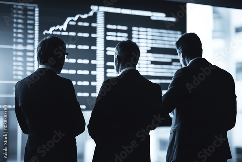 Business professionals analyzing financial data on a screen. A modern corporate environment showcasing teamwork and strategy.