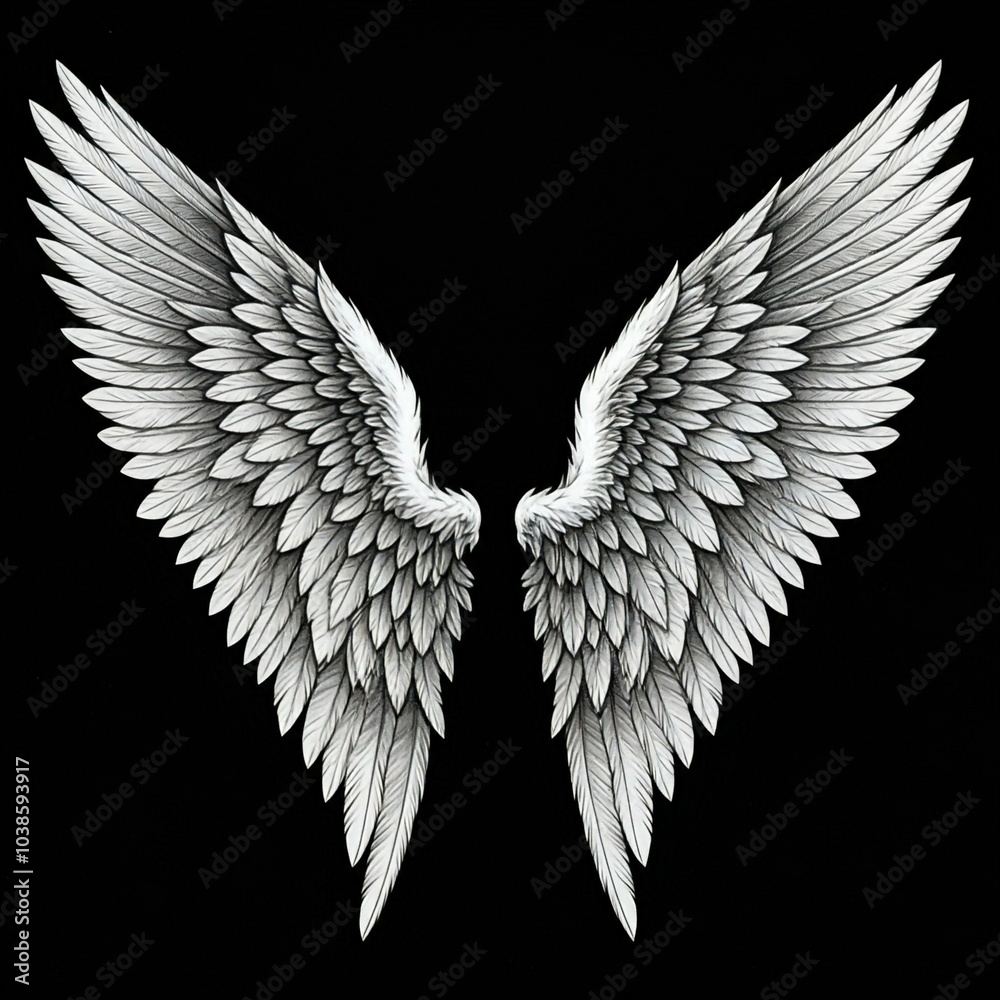 White angel wings on a black background. Black and white image. Stock ...