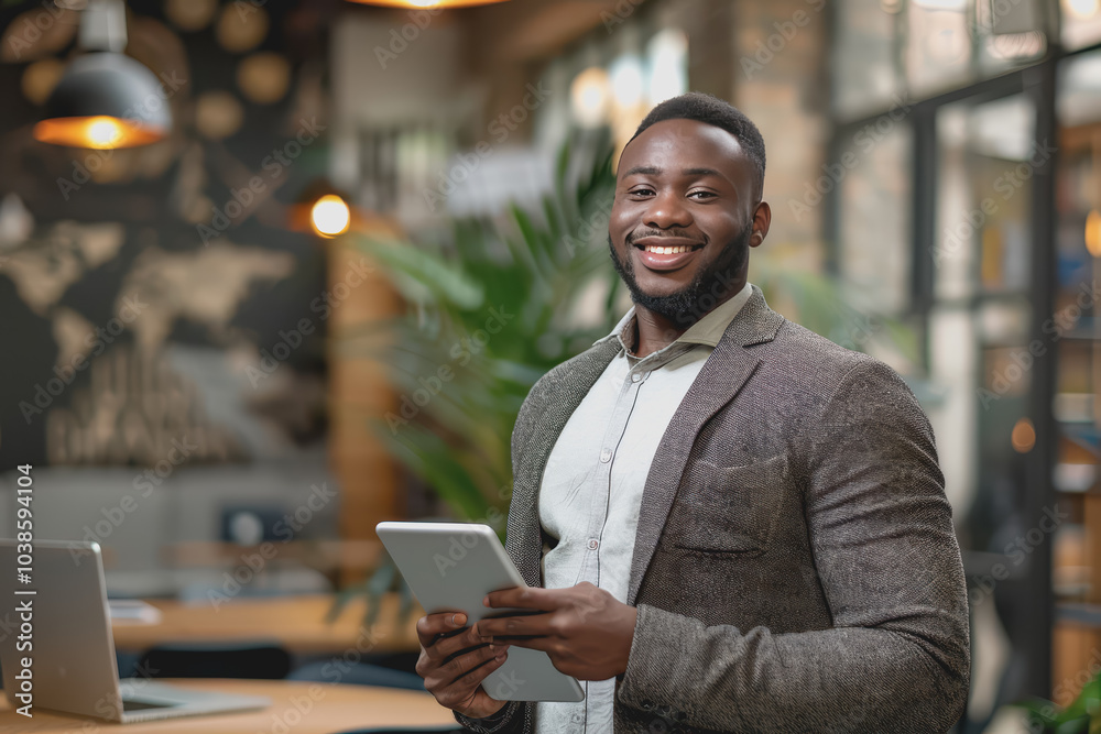 Happy businessman smiling with tablet, phone, and laptop inside the modern office.