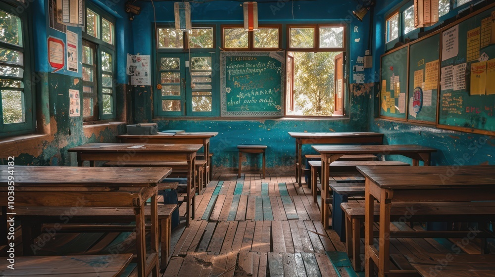 A classroom in a rundown school, highlighting the disparities in education between different socioeconomic areas A classroom in a rundown school, highlighting the disparities in education between different socioeconomic areas