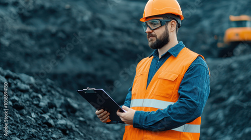 Mining engineer in open pit mine wearing orange safety vest and helmet, holding clipboard while surveying site. environment is rugged and industrial, showcasing mining operation