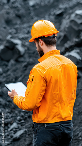 Mining engineer with digital tablet in orange safety jacket and hard hat, standing on rocky surface. scene conveys sense of professionalism and focus in mining environment