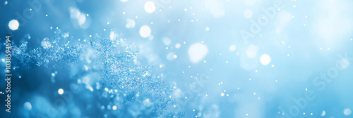 A close up view of snowflakes on a blue background. AI generation