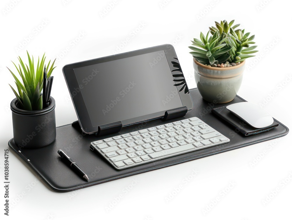 A clean office desk setup with a tablet, pen holder, and wireless keyboard isolated on white