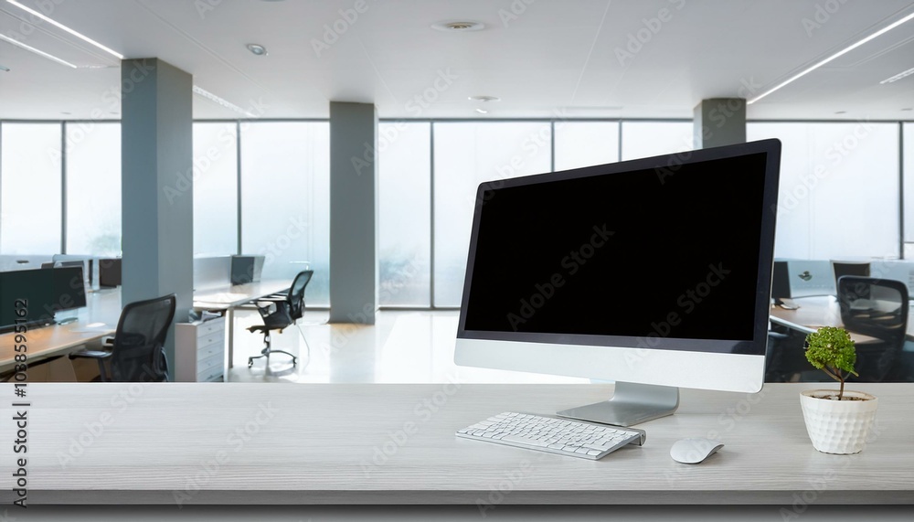 Clean office interior room with computer and blank