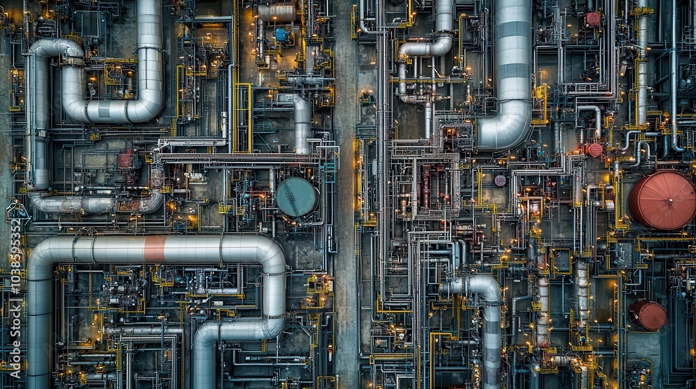 Aerial view of an oil and gas industry plant with fuel storage tanks, machinery for fuel production, and an energy technology concept. Aerial view of an oil and gas industry plant with fuel storage tanks, machinery for fuel production, and an energy technology concept.
