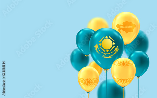 Blue and yellow balloons with traditional kazakh ornament, eagel, sun and shanyrak on a light blue background. Template for greeting card, banner to Republic day, Independence day of Kazakhstan