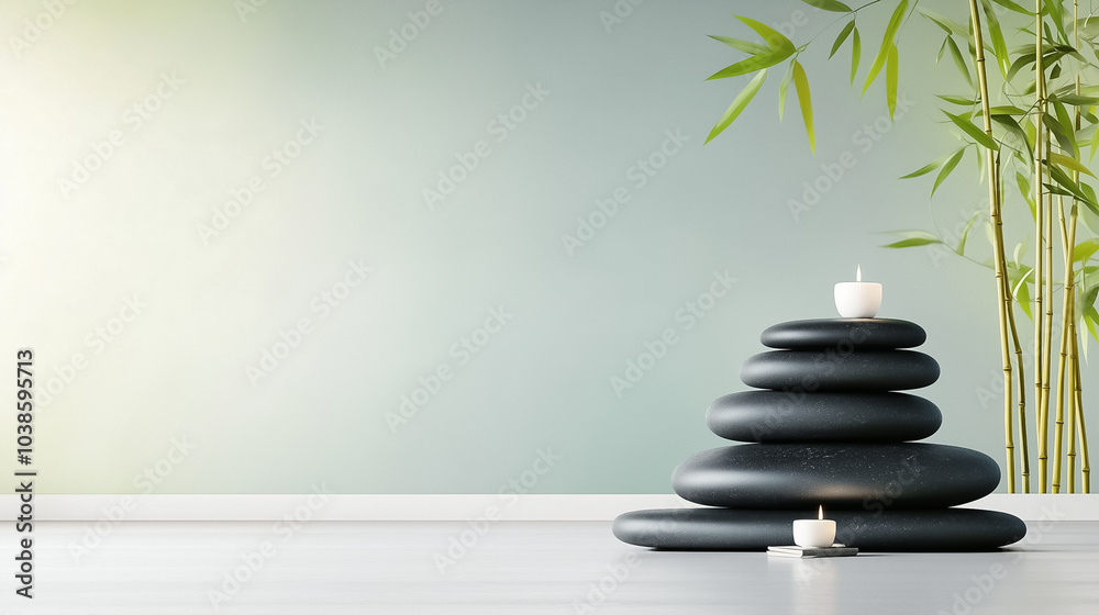 Zen basalt stones stacked beside bamboo create a serene ambiance, perfect for meditation or mindfulness practice Zen basalt stones stacked beside bamboo create a serene ambiance, perfect for meditation or mindfulness practice