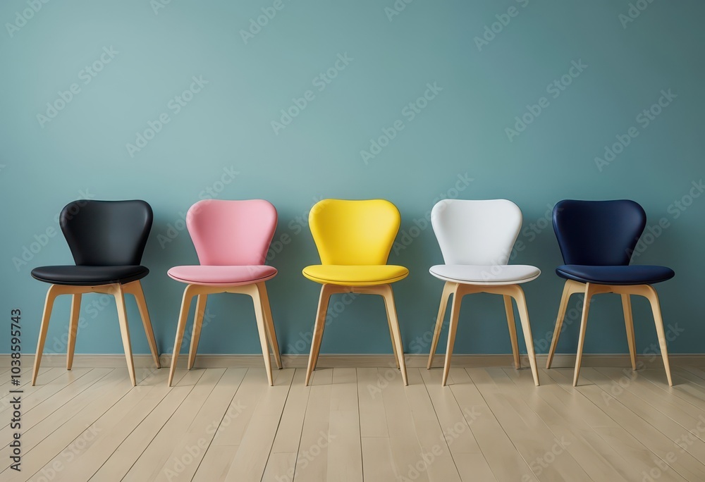 Obraz premium Five White Chairs in a Row, Job Vacancy, Searching for a New Job Recruitment. Generative Ai,best candidate search concept