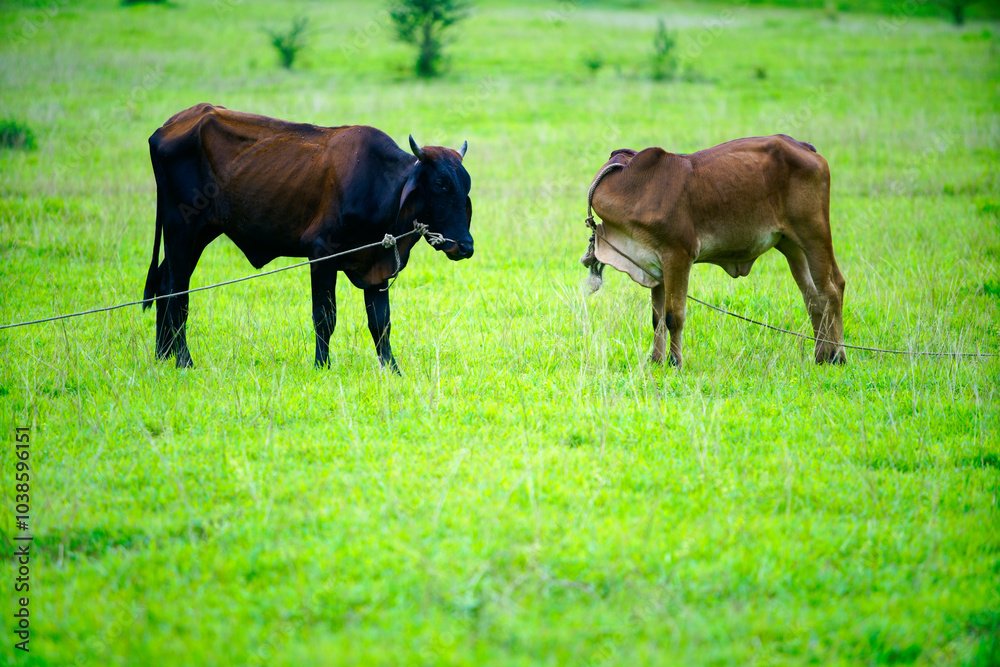 Fototapeta premium Cows Grazing on Green Field in Rural Landscape