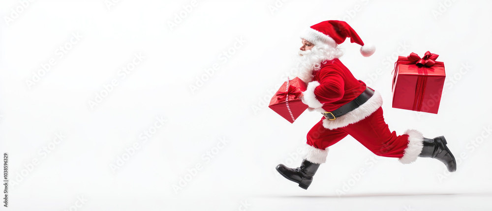Santa Claus hurriedly dashes to deliver Christmas gifts, festive attire, snowy backdrop, joyful spirit, holiday excitement. Santa Claus hurriedly dashes to deliver Christmas gifts, festive attire, snowy backdrop, joyful spirit, holiday excitement.