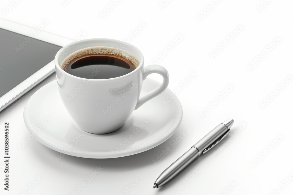 A clean office desk with a tablet, a pen, and a coffee cup isolated on a white background A clean office desk with a tablet, a pen, and a coffee cup isolated on a white background