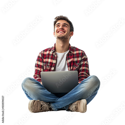 Full-body photo of a happy man sitting on the floor with a laptop, against a white background