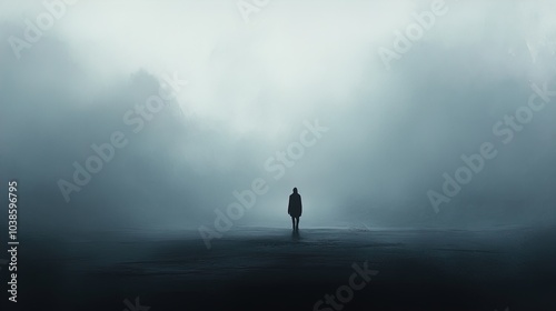 The image presents a solitary figure standing in the midst of a dense fog. The atmosphere is moody and ethereal, with soft gray and white tones dominating the scene. The background fades into shadows,