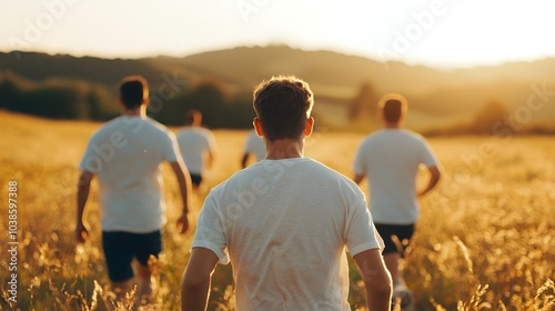 Friends Enjoying a Joyful Evening Run in the Golden Fields Under a Warm Sunlit Sky Together. Happy Sunday Life Concept photo