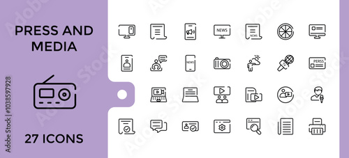 Line icons set about journalism. Collection of such icons as news, Press media, tv, radio, newspaper, digital media and journalist. Editable stroke. pixel perfect.