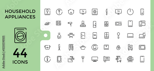 Household appliances line icons set. Collection of gas stove, kitchen hood, washing machine, dishwasher, cooker. Editable stroke. Pixel perfect.