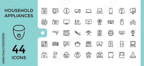 Household appliances line icons set. Collection of gas stove, kitchen hood, washing machine, dishwasher, cooker. Editable stroke. Pixel perfect.