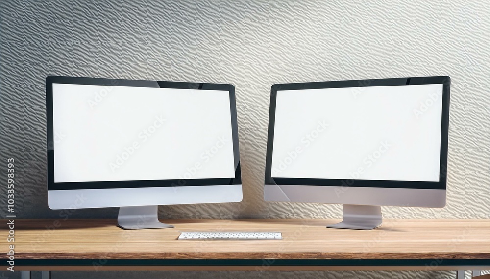 Front view on two blank white illuminated monitor screens with place for your logo or text on light wooden office table on light wall background. 3D rendering, mock up Front view on two blank white illuminated monitor screens with place for your logo or text on light wooden office table on light wall background. 3D rendering, mock up