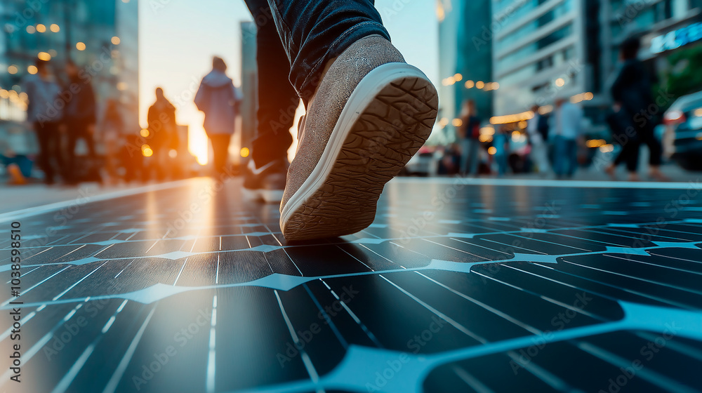 Fototapeta premium Closeup on shoes and solar panels mega project green energy concept blue sky