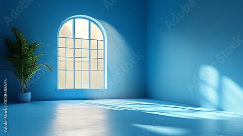 A single plant in a corner of an empty blue room with a large arched window and sunbeams coming through.