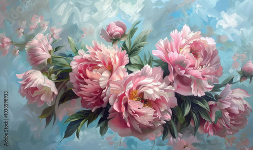 Fototapeta Naklejka Na Ścianę i Meble -  Floral banner with pink peonies oil painting, vintage illustration for wedding, Mothers day, Womans day card. Flower composition with place for text, copy space. Flat lay, top view