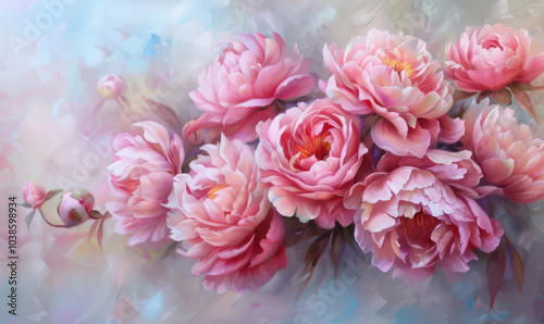 Wallpaper Mural Floral banner with pastel pink peonies on light blue background, vintage illustration for wedding, Mothers day, Womans day card. Flower composition with place for text, copy space. Flat lay, top view Torontodigital.ca