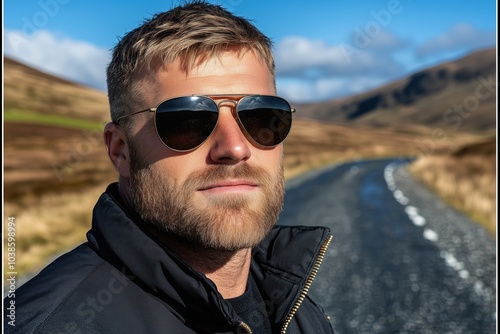 Handsome male model in aviator sunglasses on a sunny English country road. Generative AI