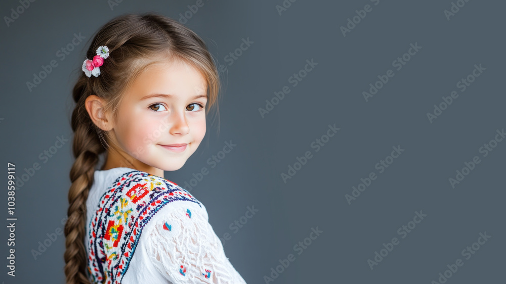 Canadian little girl in traditional bunad folk costume isolated on grey Canadian little girl in traditional bunad folk costume isolated on grey