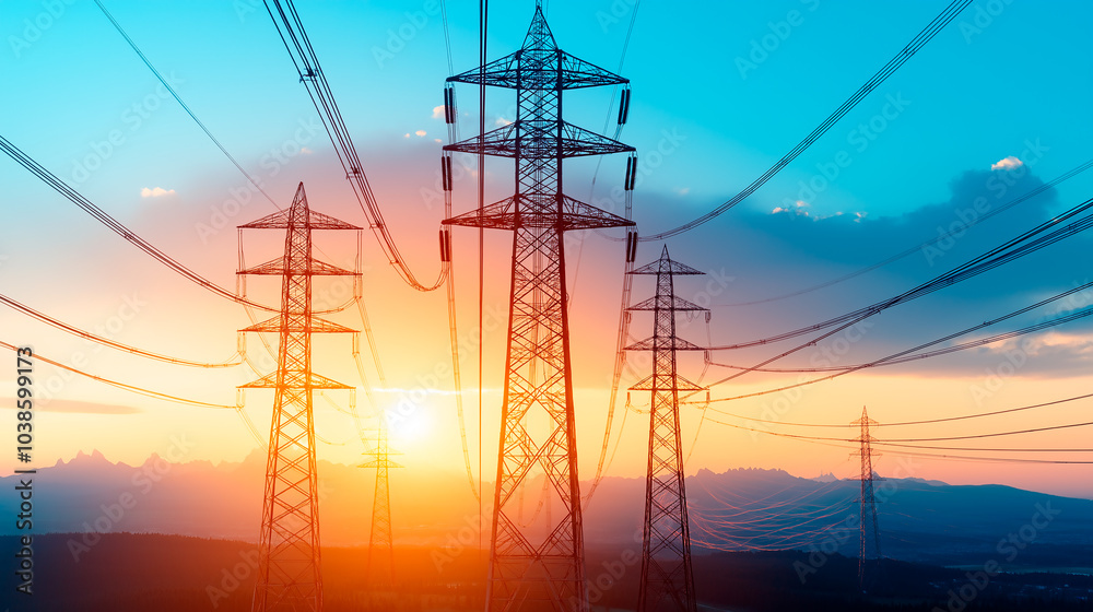 Fototapeta premium Electric Transmission Towers Overlocking a Vibrant Urban Landscape