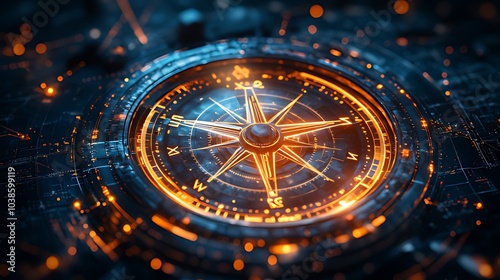 Wallpaper Mural A futuristic compass with a glowing golden needle, set against a dark, digital background. Torontodigital.ca