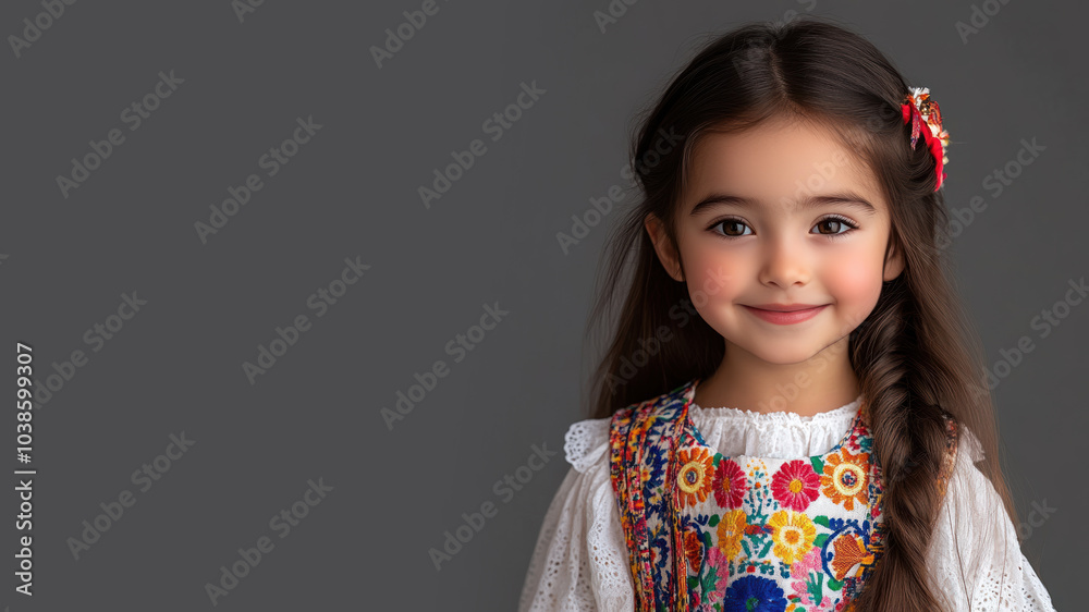 Canadian little girl in traditional bunad folk costume isolated on grey Canadian little girl in traditional bunad folk costume isolated on grey