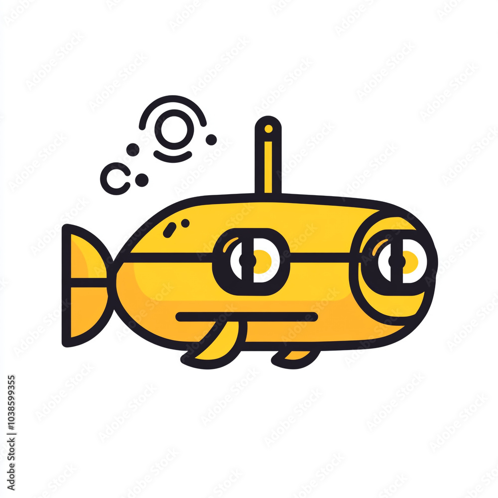 A simple icon of an underwater submarine with glasses, yellow and black outline style. A simple icon of an underwater submarine with glasses, yellow and black outline style.