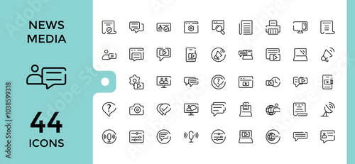 Line icons set about journalism. Collection of such icons as news, Press media, tv, radio, newspaper, digital media and journalist. Editable stroke. pixel perfect.