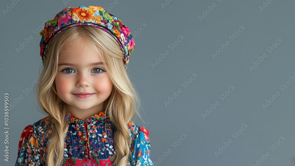 Caucasian little girl in traditional bunad folk costume isolated on gray Caucasian little girl in traditional bunad folk costume isolated on gray