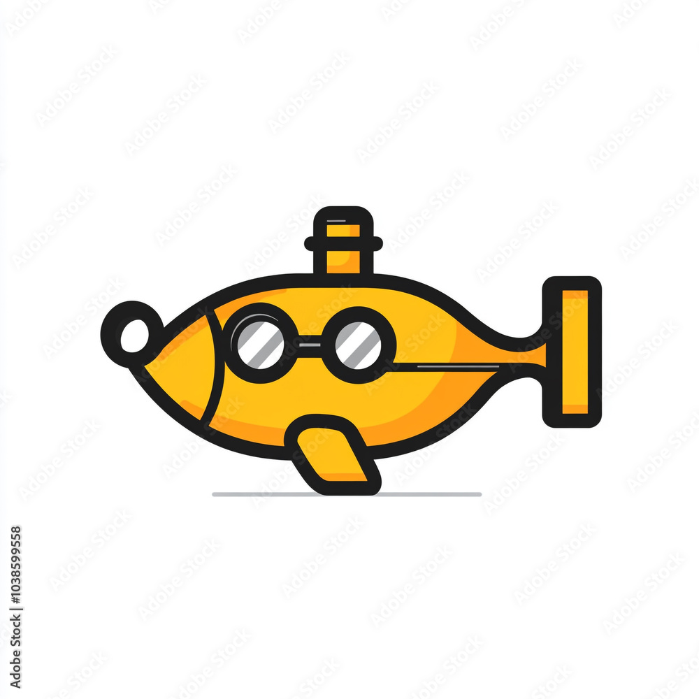 A simple icon of an underwater submarine with glasses, yellow and black outline style. A simple icon of an underwater submarine with glasses, yellow and black outline style.