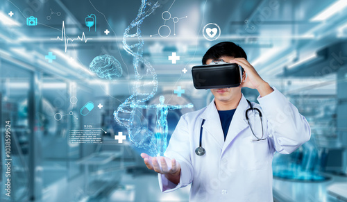 Doctor wearing VR glasses and lab coat holding at medical data while managing augmented reality technology and standing at laboratory with blurring background. Healthcare and innovation. Ingenuity.