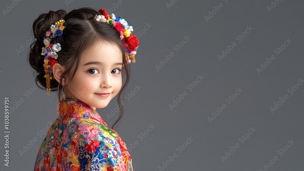 Chinese little girl in traditional bunad folk costume isolated on gray Chinese little girl in traditional bunad folk costume isolated on gray