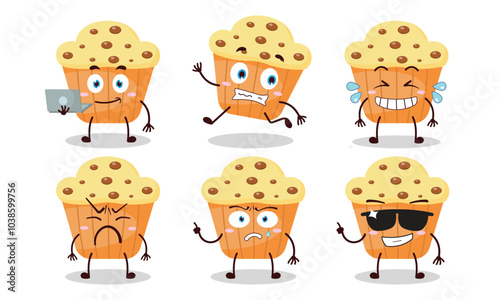 funny muffin cartoon character with many pose activity design illustration