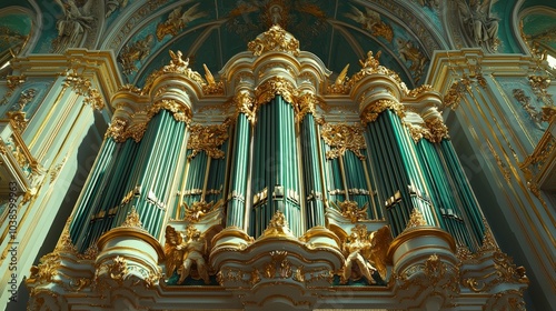 Baroque-inspired organ with gilded pipes and angelic figures