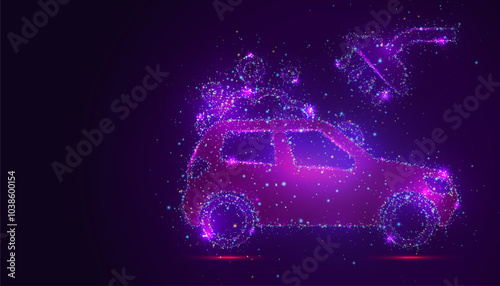 Silhouette of a car in a wash made of glowing, multicolored dots, resembling stars. Vibrant particles from the car and water sprays, symbolizing cleanliness, shine, and the efficiency of the process.