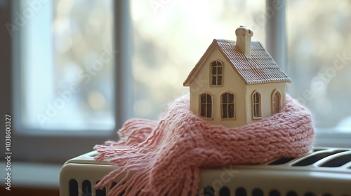 A figurine of a beige house wrapped in a pink scarf on a heater photo