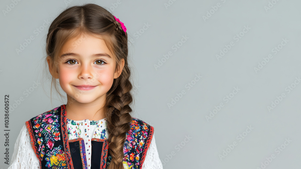 Germany little girl in traditional bunad folk costume isolated on gray Germany little girl in traditional bunad folk costume isolated on gray