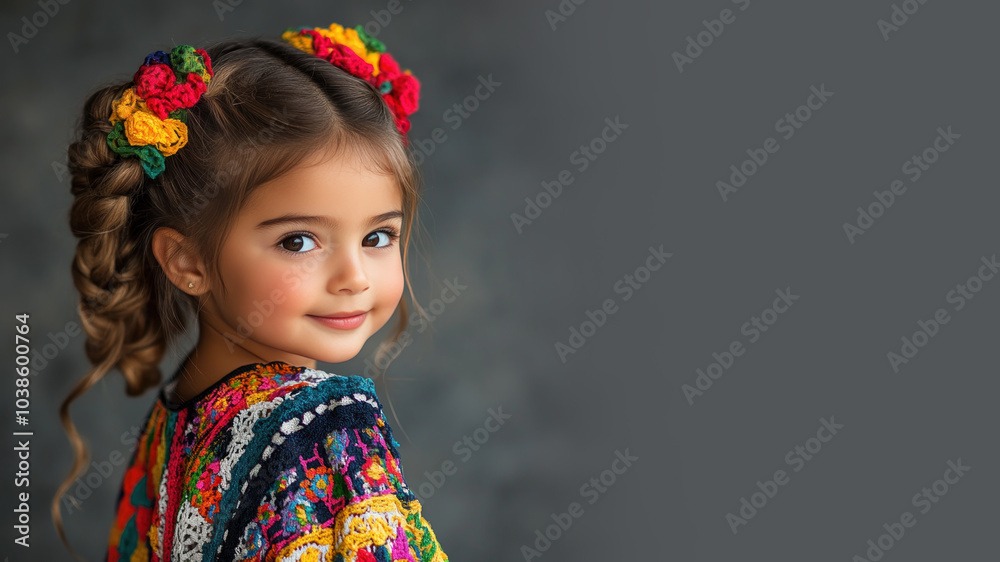 Hispanic little girl in traditional bunad folk costume isolated on gray Hispanic little girl in traditional bunad folk costume isolated on gray