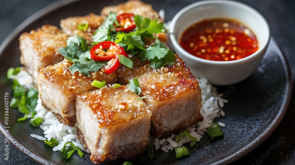 Crispy Pork Belly with Rice and Chili Garnish